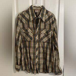 True Religion Beige and Blue Plaid Shirt